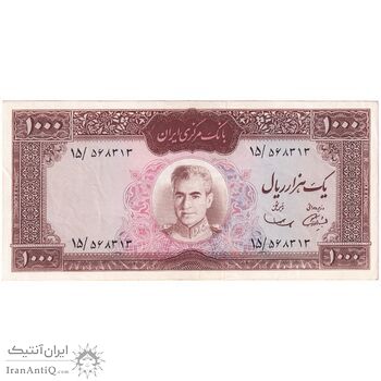 اسکناس 1000 ریال (آموزگار - سمیعی) نوشته قرمز - تک - AU53 - محمد رضا شاه