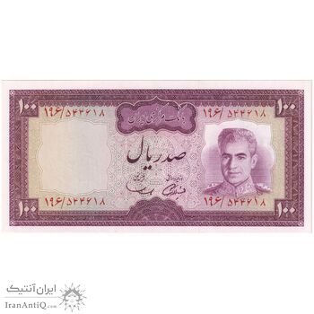 اسکناس 100 ریال (آموزگار - سمیعی) نوشته سیاه - تک - UNC64 - محمد رضا شاه