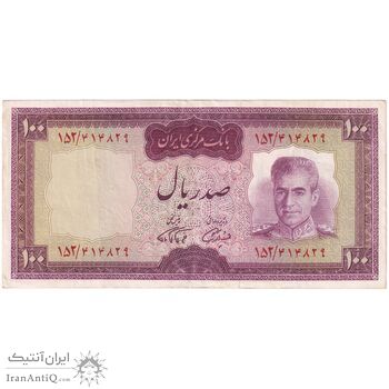 اسکناس 100 ریال (آموزگار - فرمان فرماییان) نوشته قرمز - تک - VF35 - محمد رضا شاه