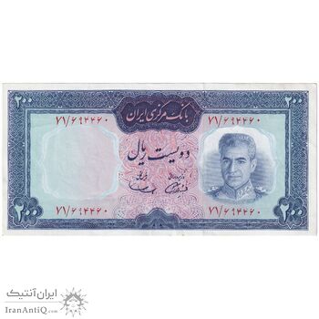 اسکناس 200 ریال (آموزگار - سمیعی) نوشته قرمز - تک - AU53 - محمد رضا شاه