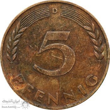سکه 5 فینیگ 1950D جمهوری فدرال - EF45 - آلمان
