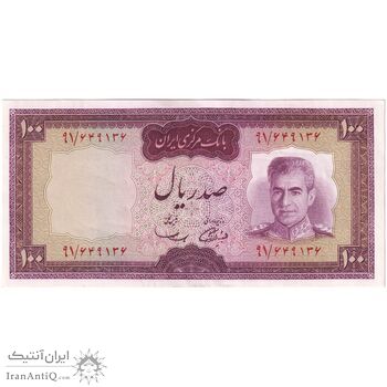 اسکناس 100 ریال (آموزگار - سمیعی) نوشته قرمز - تک - AU55 - محمد رضا شاه