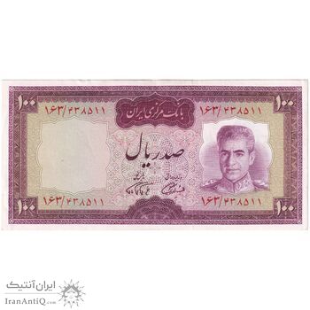 اسکناس 100 ریال (آموزگار - فرمان فرماییان) نوشته قرمز - تک - AU53 - محمد رضا شاه