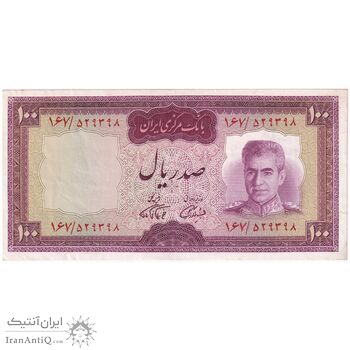 اسکناس 100 ریال (آموزگار - فرمان فرماییان) نوشته قرمز - تک - AU50 - محمد رضا شاه