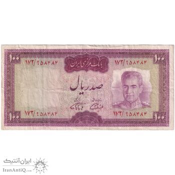 اسکناس 100 ریال (آموزگار - فرمان فرماییان) نوشته قرمز - تک - VF30 - محمد رضا شاه
