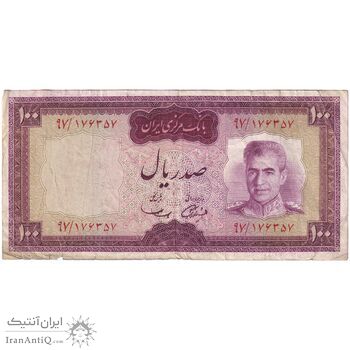 اسکناس 100 ریال (آموزگار - سمیعی) نوشته قرمز - تک - VF30 - محمد رضا شاه