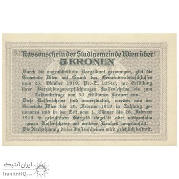 اسکناس 5 کرون 1918 جمهوری اول - تک - UNC64 - اتریش