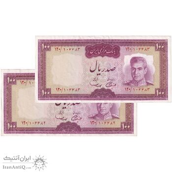 اسکناس 100 ریال (آموزگار - سمیعی) نوشته قرمز - جفت - AU55 - محمد رضا شاه