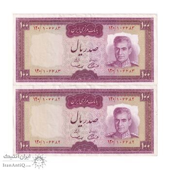 اسکناس 100 ریال (آموزگار - سمیعی) نوشته قرمز - جفت - AU55 - محمد رضا شاه