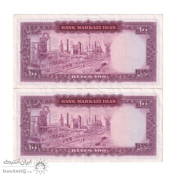 اسکناس 100 ریال (آموزگار - سمیعی) نوشته قرمز - جفت - AU55 - محمد رضا شاه