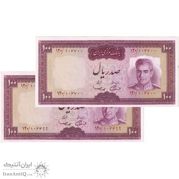 اسکناس 100 ریال (آموزگار - سمیعی) نوشته قرمز - جفت - UNC62 - محمد رضا شاه