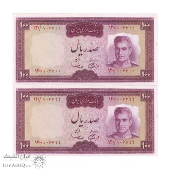 اسکناس 100 ریال (آموزگار - سمیعی) نوشته قرمز - جفت - UNC62 - محمد رضا شاه