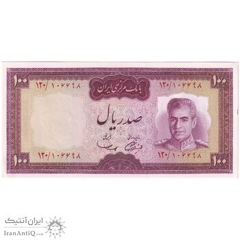 اسکناس 100 ریال (آموزگار - سمیعی) نوشته قرمز - تک - UNC63 - محمد رضا شاه