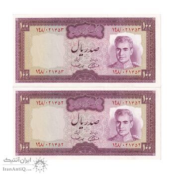اسکناس 100 ریال (آموزگار - سمیعی) نوشته سیاه - جفت - UNC61 - محمد رضا شاه