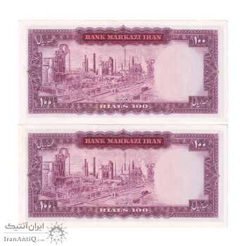 اسکناس 100 ریال (آموزگار - سمیعی) نوشته سیاه - جفت - UNC61 - محمد رضا شاه
