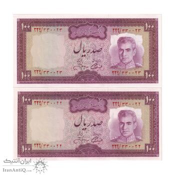 اسکناس 100 ریال (آموزگار - جهانشاهی) - جفت - UNC62 - محمد رضا شاه