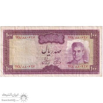 اسکناس 100 ریال (آموزگار - فرمان فرماییان) نوشته سیاه - تک - VF35 - محمد رضا شاه