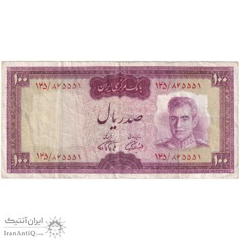 اسکناس 100 ریال (آموزگار - فرمان فرماییان) نوشته قرمز - تک - VF35 - محمد رضا شاه