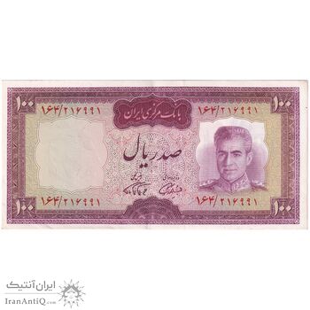 اسکناس 100 ریال (آموزگار - فرمان فرماییان) نوشته قرمز - تک - AU53 - محمد رضا شاه