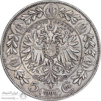 سکه 5 کرونا 1909 فرانتس یوزف یکم - تیپ 2 - AU53 - اتریش-مجارستان