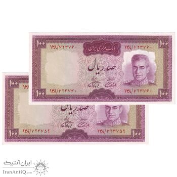 اسکناس 100 ریال (آموزگار - فرمان فرماییان) نوشته قرمز - جفت - UNC63 - محمد رضا شاه