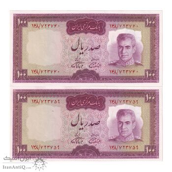 اسکناس 100 ریال (آموزگار - فرمان فرماییان) نوشته قرمز - جفت - UNC63 - محمد رضا شاه