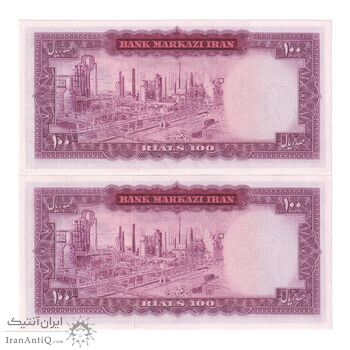 اسکناس 100 ریال (آموزگار - فرمان فرماییان) نوشته قرمز - جفت - UNC63 - محمد رضا شاه