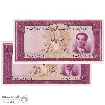 اسکناس 100 ریال کراواتی 1330 - جفت - AU53 - محمد رضا شاه