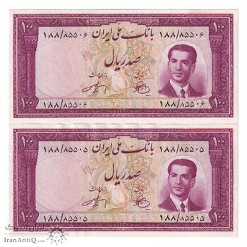 اسکناس 100 ریال کراواتی 1330 - جفت - AU53 - محمد رضا شاه