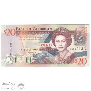 اسکناس 20 دلار بدون تاریخ (2003) الیزابت دوم - با پروانه نقره‌ای-حرف پسوند K - تک - UNC63 - حوزه کارائیب شرقی