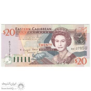 اسکناس 20 دلار بدون تاریخ (2003) الیزابت دوم - با پروانه نقره‌ای-حرف پسوند U - تک - UNC63 - حوزه کارائیب شرقی