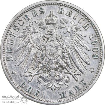 سکه 3 مارک 1909D اتو - EF - cleaned - آلمان - باواریا