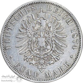 سکه 5 مارک 1874 ویلیام یکم - EF40 - آلمان - پروس