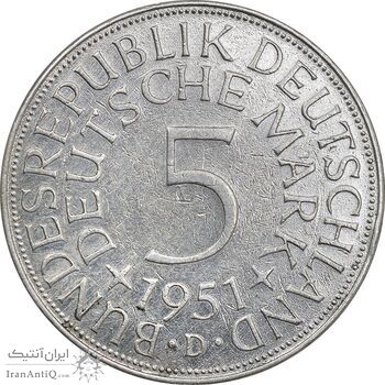 سکه 5 مارک 1951D جمهوری فدرال - EF - cleaned - آلمان