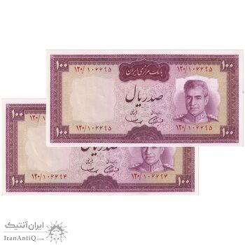 اسکناس 100 ریال (آموزگار - سمیعی) نوشته قرمز - جفت - UNC63 - محمد رضا شاه