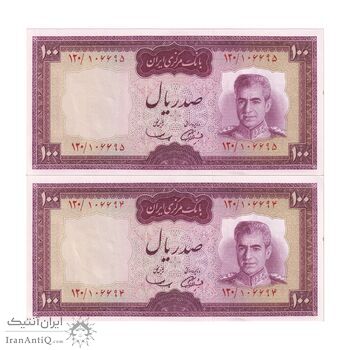 اسکناس 100 ریال (آموزگار - سمیعی) نوشته قرمز - جفت - UNC63 - محمد رضا شاه