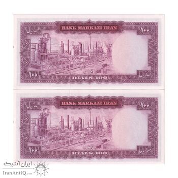 اسکناس 100 ریال (آموزگار - سمیعی) نوشته قرمز - جفت - UNC63 - محمد رضا شاه