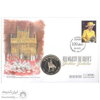 مجموعه تمبر و سکه به مناسبت پنجاهمین سال سلطنت ملکه الیزابت دوم 2002 - ملکه سوار بر اسب - UNC - جزایر فالکلند