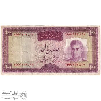 اسکناس 100 ریال (آموزگار - فرمان فرماییان) نوشته قرمز - تک - VF30 - محمد رضا شاه