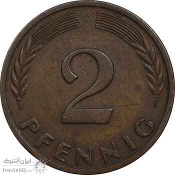 سکه 2 فینیگ 1950D جمهوری فدرال - EF40 - آلمان