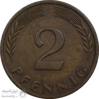 سکه 2 فینیگ 1950D جمهوری فدرال - EF40 - آلمان