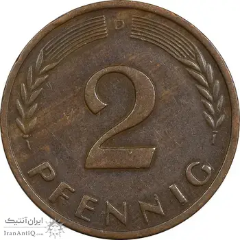 سکه 2 فینیگ 1960D جمهوری فدرال - EF45 - آلمان