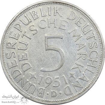 سکه 5 مارک 1951D جمهوری فدرال - EF45 - آلمان