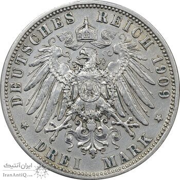 سکه 3 مارک 1909D اتو - AU50 - آلمان