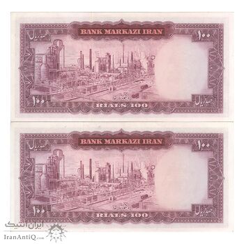 اسکناس 100 ریال (آموزگار - سمیعی) نوشته قرمز - جفت - UNC61 - محمد رضا شاه