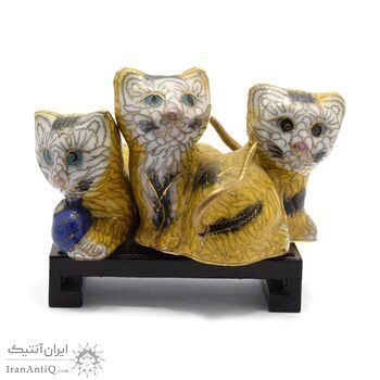 مجسمه میناکاری طرح گربه زرد (با پایه) آنتیک