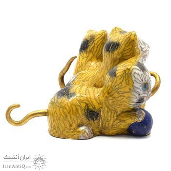 مجسمه میناکاری طرح گربه زرد (با پایه) آنتیک