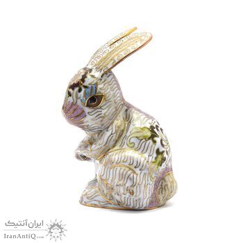 مجسمه میناکاری طرح خرگوش ایستاده سفید (با پایه) آنتیک