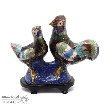 مجسمه میناکاری طرح مرغ و خروس قهوه ای (با پایه) آنتیک