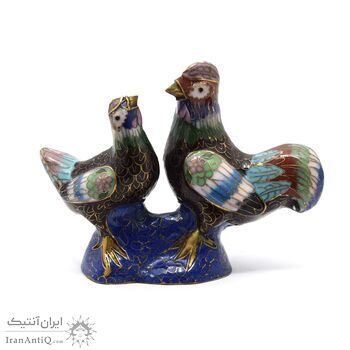 مجسمه میناکاری طرح مرغ و خروس قهوه ای (با پایه) آنتیک